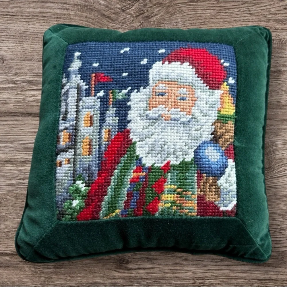 Santa Needlepoint Pillow with a Green Velvet Backing